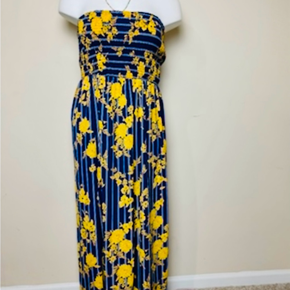 New 💕Plus Size Blue and Yellow Strapless Empire Waist Sundress